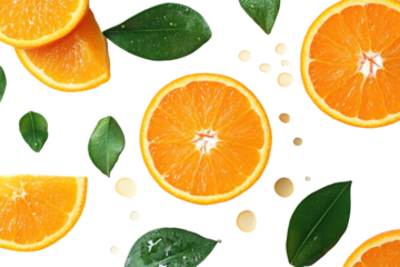 Fresh orange slices and leaves isolated on transparent background.
