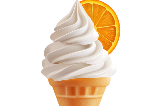 Creamy soft serve ice cream cone with orange slice isolated on transparent background. Ice cream orange isolated on white background.