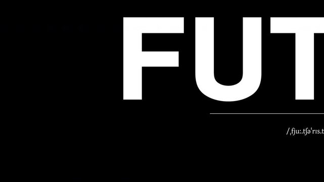 Animated kinetic typography of the word Futuristic scrolling in bold black and white dictionary style with phonetic pronunciation and definition. Seamless loop for tech and corporate videos