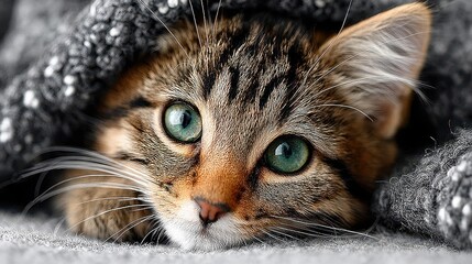 Close-up of Tabby Cat with Green Eyes Peeking Out From Under Blanket