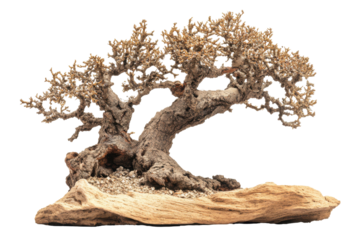 Detailed ancient gnarled bonsai tree isolated on transparent background. Bonsai tree isolated on white background.