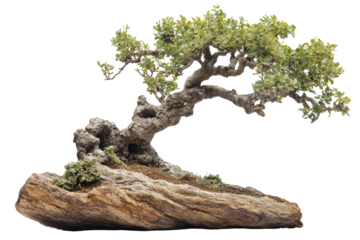 Miniature ancient bonsai tree with textured bark on a rock isolated on transparent background. Bonsai tree isolated on white background.