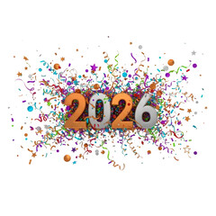 2026 new year celebration with confetti isolated on transparent background