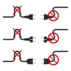 Do not bend electrical cord vector illustration showing power cable safety mistakes