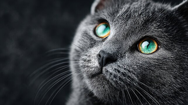 Close-up Portrait of a Gray Cat with Stunning Green Eyes Looking Upward - Powered by Adobe