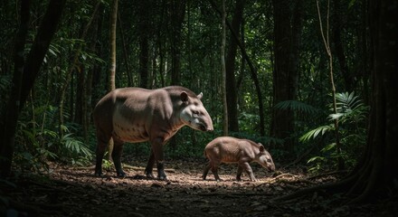 Fototapeta premium Tapir mother & calf in a lush green forest, sunlight dappling through trees
