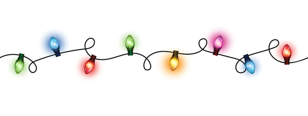 Seamless colorful christmas lights on chain pattern on transparent background