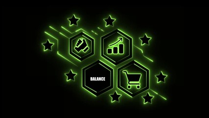 Neon Green Hexagons with Business Icons and Stars on Black Background success growth