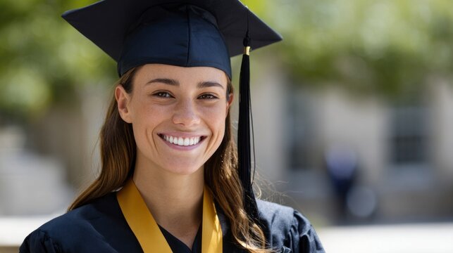 A woman wearing a black cap and gown with a gold ribbon on it - Powered by Adobe