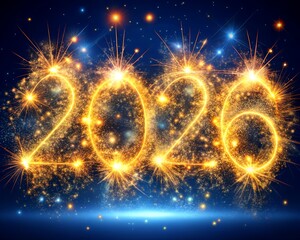 Illustration of golden 2026 fireworks exploding on a dark blue background with glittering stars, celebrating new years eve