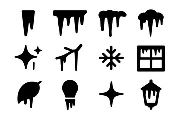Winter icicle symbols set: silhouette elements featuring frosty and melting designs