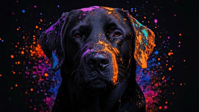 Adorable dog with droopy eyes surrounded by colorful sparkles.