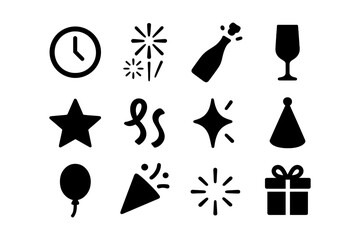 Celebration icons set: party, new year, and festive symbols in black silhouette