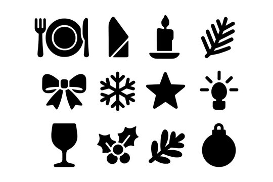 Christmas icon set featuring holiday symbols in bold silhouette style