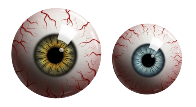 Macro illustration of a human eye with a blue iris and pupil, designed as a heart on a red background, focusing on vision and anatomy