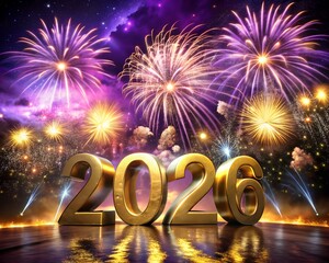 Illustration of golden 2026 numbers with fireworks and sparkles for new years eve celebration