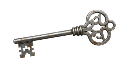 Antique, rusty metal key isolated on a white background, symbolizing old access and security for a door lock