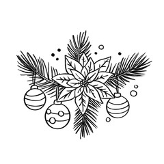 Poinsettia with pine branches and ornaments outline illustration, festive floral arrangement in black and white cartoon style
