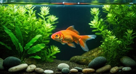 Vibrant orange goldfish swims in a lush planted aquarium with rocks and a dark backdrop