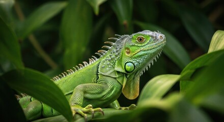 Vivid close-up of a green iguana amidst lush green leaves, displaying intricate scales