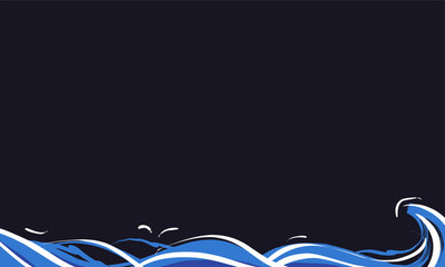 An abstract background featuring artistic blue and white brush stroke waves forming an ocean-like border on a dark background, with an open empty space above for text or design elements