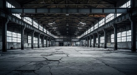Wide, symmetrical view of an abandoned, industrial interior with large windows & exposed beams