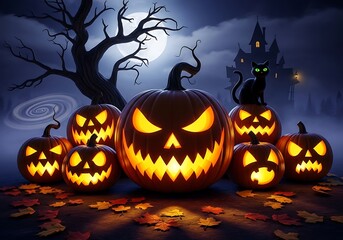 Spooky Halloween night scene with glowing jack-o'-lanterns, a black cat, haunted house, full moon, and autumn leaves.