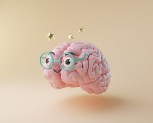 cartoon character of a brain wearing glasses, 3d illustration.