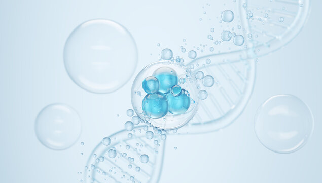 Bubble Blue Skin Serum with molecules inside, with a background of DNA 3d rendering. - Powered by Adobe