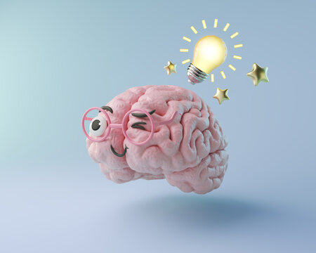 cartoon character of a brain is generating ideas 3d illustration.