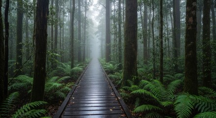 Obraz premium Wooden walkway pierces a dense, misty forest, with tall trees and lush green ferns