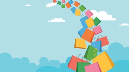 Colorful shopping bags falling from sky with clouds