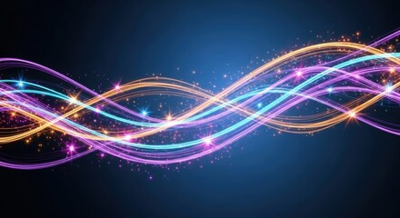 Abstract glowing lines with light particles flowing in a dark blue space background