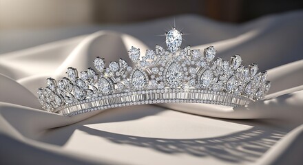Elegant Diamond Tiara on Silk Fabric - A Symbol of Royalty and Luxury.