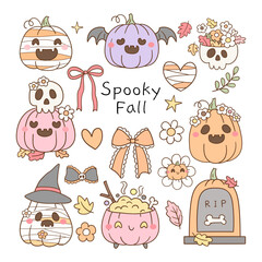 Draw vector illustration collection spooky fall Cozy autumn season Halloween Doodle cartoon style