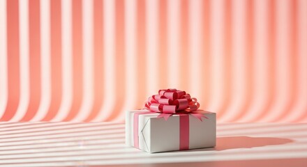 A white gift box with a pink ribbon and bow sits in front of a pink wall with shadows