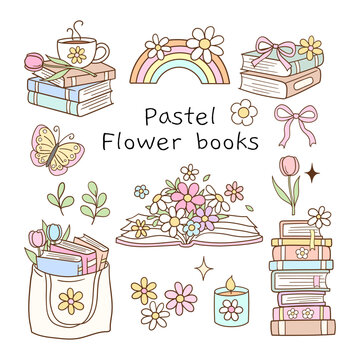 Draw vector illustration collection pastel floral bookish Book lover Classroom decor Doodle cartoon style