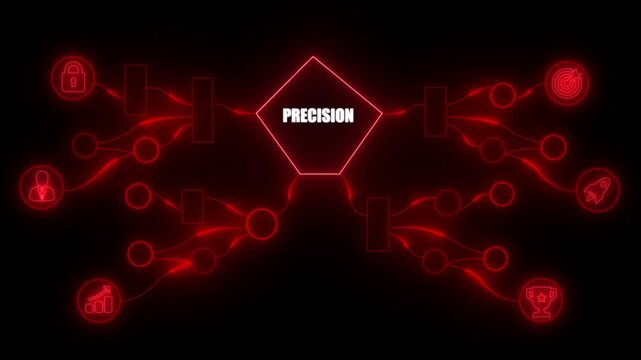 Neon Red Precision Flowchart with Business Icons on Black Background strategy process