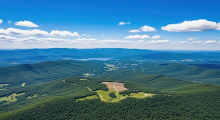 Aerial view of a vast forest landscape with rolling hills and a clear blue sky above
