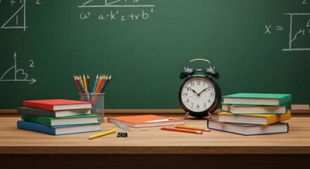 A classroom scene featuring books, pencils, a clock, and math equations on a chalkboard