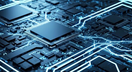 Fototapeta premium A close-up of a blue-toned circuit board with central processing units and electrical traces