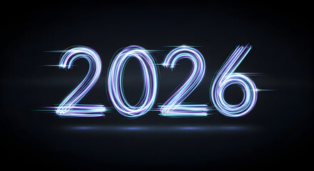Sparkling 2026 New Year greeting illuminating the future with luminous neon digits on a sleek dark