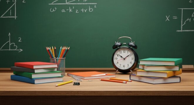 A classroom scene featuring books, pencils, a clock, and math equations on a chalkboard