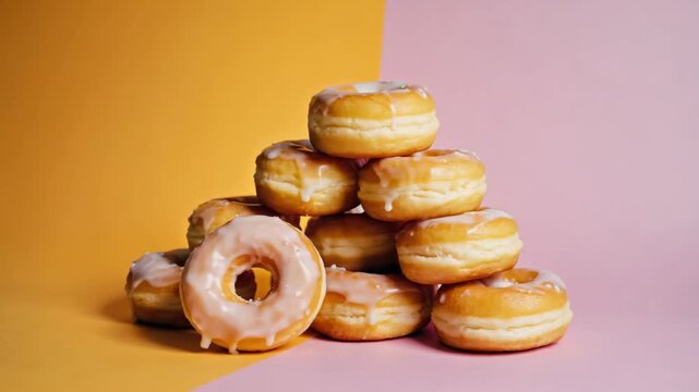 A high stack of glazed donuts on a pink background.