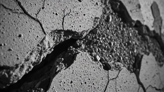 Cracked Concrete Wall Close-Up - This video is a close-up shot of a cracked concrete wall. It features a monochrome color palette and a high level of detail showing the texture and fractured nature
