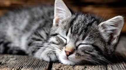 Naklejka premium Adorable Gray Tabby Kitten Sleeping Peacefully on Rustic Wood Surface