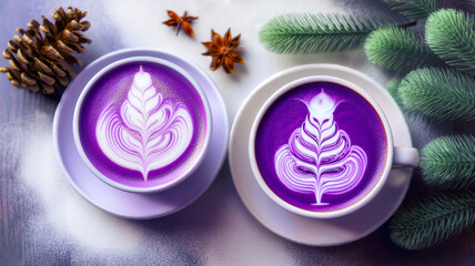 Two cup of purple Ube latte art with snow, pine cone and pine branches creating cozy white winter atmosphere background. Concept for holiday Christmas and New Year drinks. Generated image