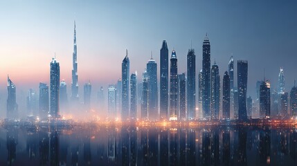 Dubai Skyline at Dusk with Reflections on the Water, United Arab Emirates
