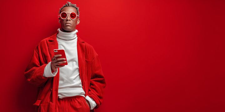 Young man in stylish red corduroy matching set and sunglasses using his mobile phone against a vibrant red background copy space christmas