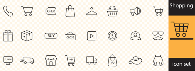 Shopping icon set.Shop, store, cart, market, buyer, purchase, goods and more. Editable stroke. Vector illustration
